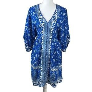 Papillon Boho Floral Dress‎ XL Blue Buttons V Neck Vintage cortagecore